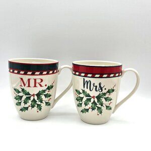 New Lenox Christmas Home For the Holidays Mr and Mrs Coffee Tea Set 2 Mugs 14 oz